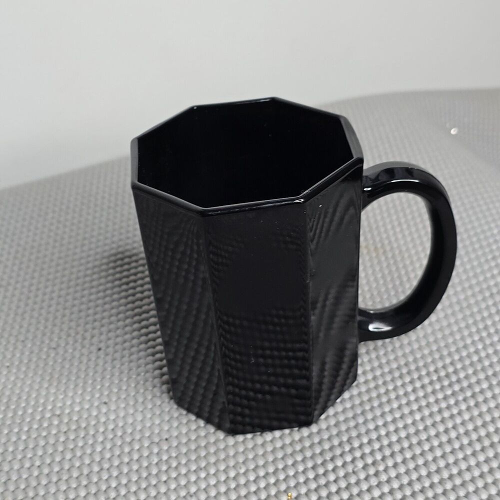 Vintage Arcoroc France Black Glass Coffee Cup Mug 8 Oz. Octagon Shape 8 Sides